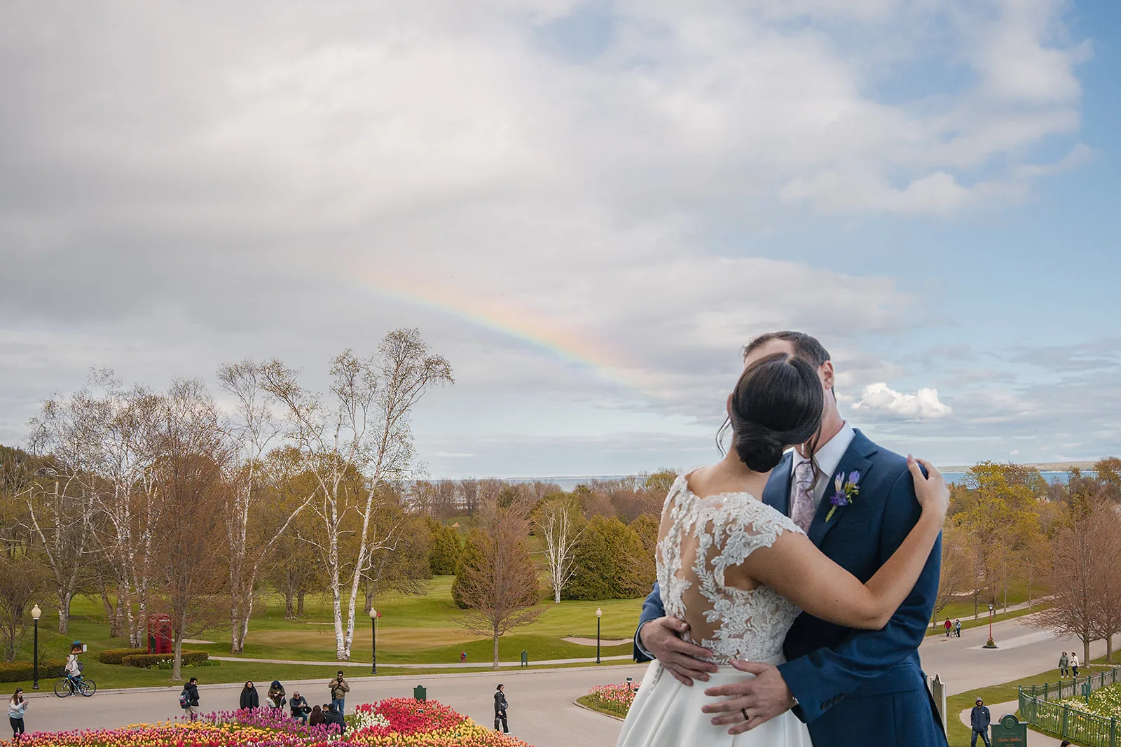 Bride and groom at the Grand Hotel, Mackinac Island