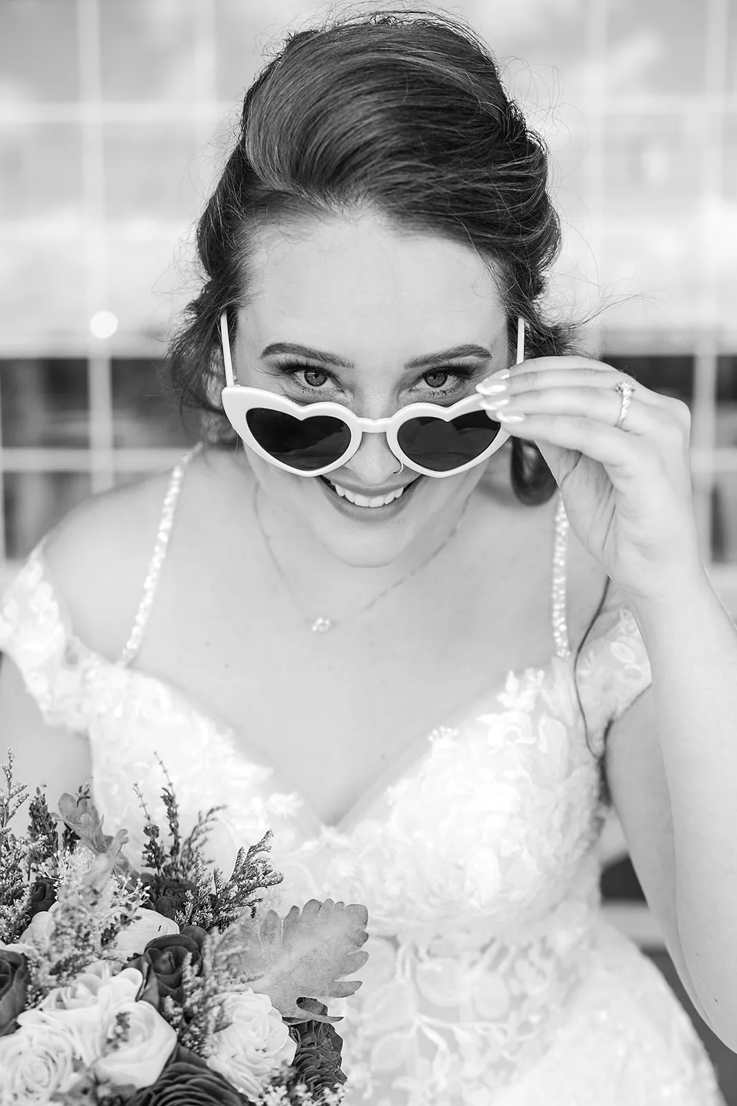 bride with heart sunglasses, bw portrait with pearls