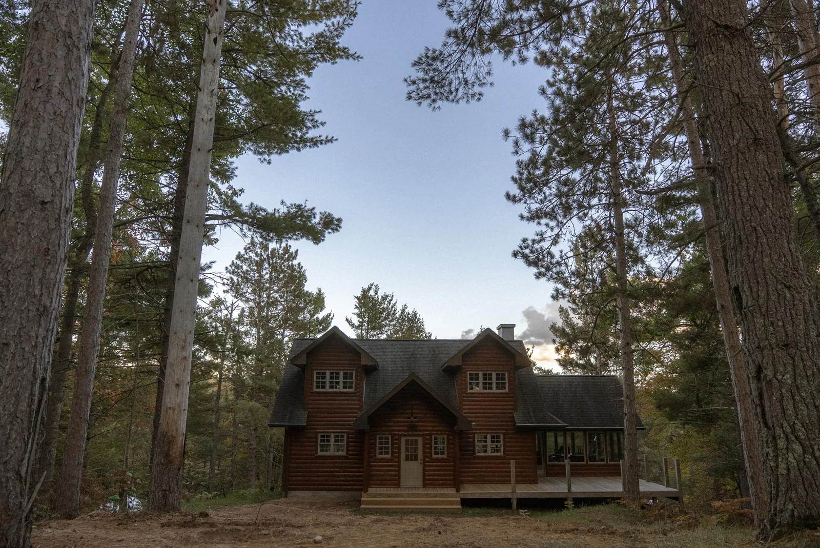 wide shot of log cabin home through pine trees