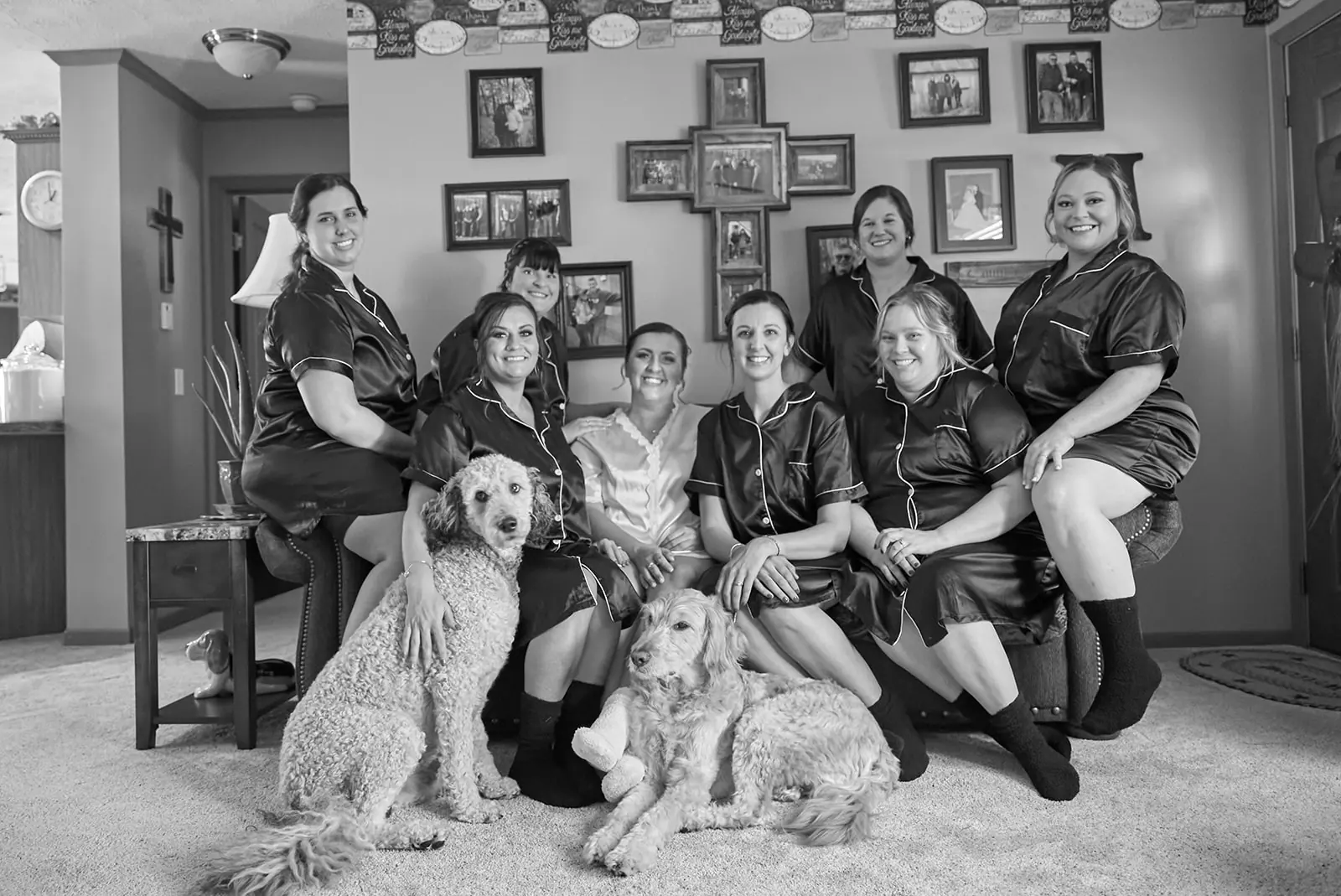 Black white bridal party dark robes — Chelsea & Jake's wedding at Ogemaw County Fairgrounds, West Branch, MI