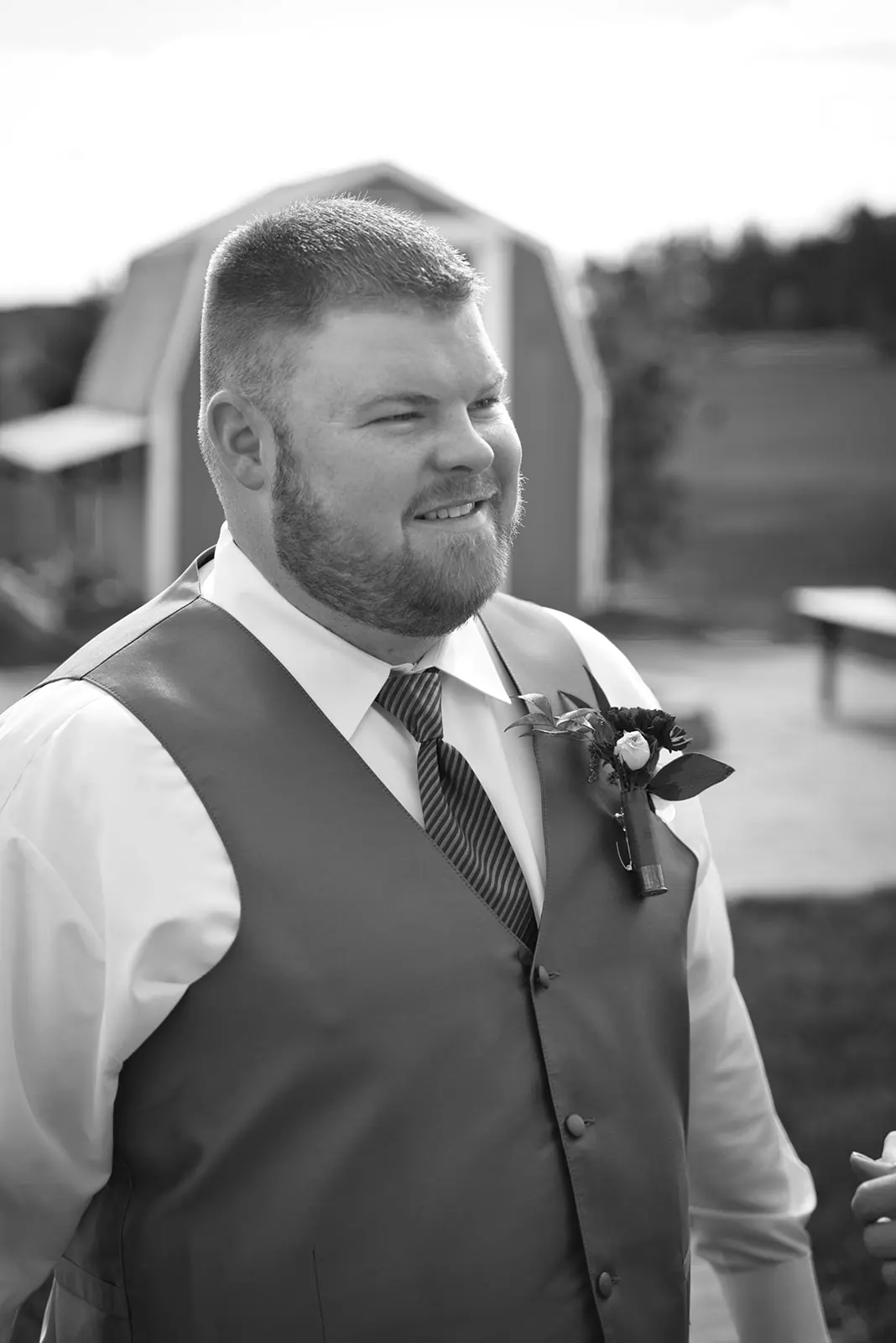 Black white close groom vest tie — Chelsea & Jake's wedding at Ogemaw County Fairgrounds, West Branch, MI