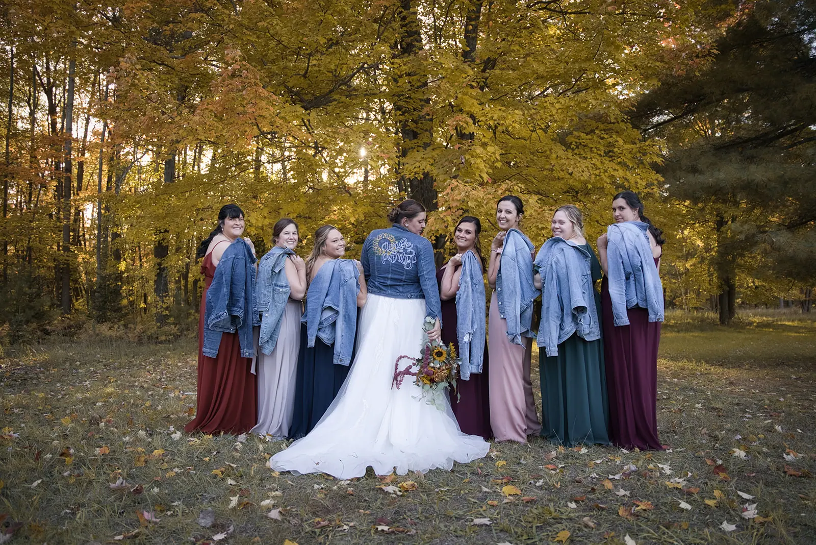 Wedding party standing autumn woods around — Chelsea & Jake's wedding at Ogemaw County Fairgrounds, West Branch, MI