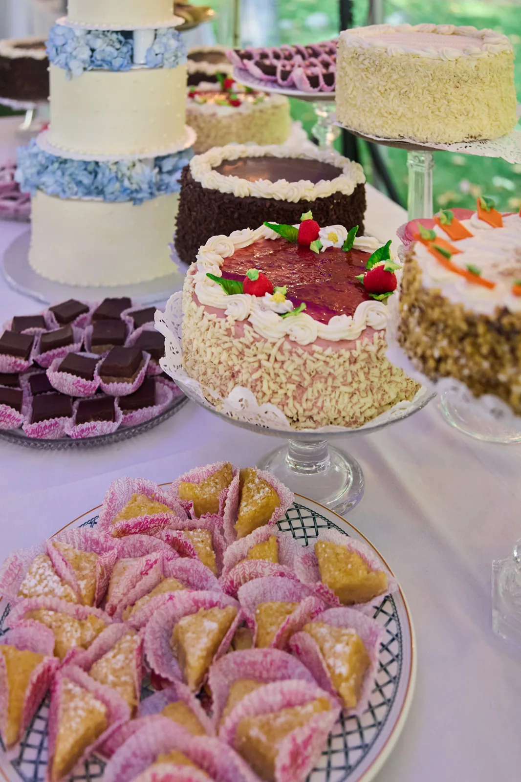 dessert table detail, tiered cakes and pastries