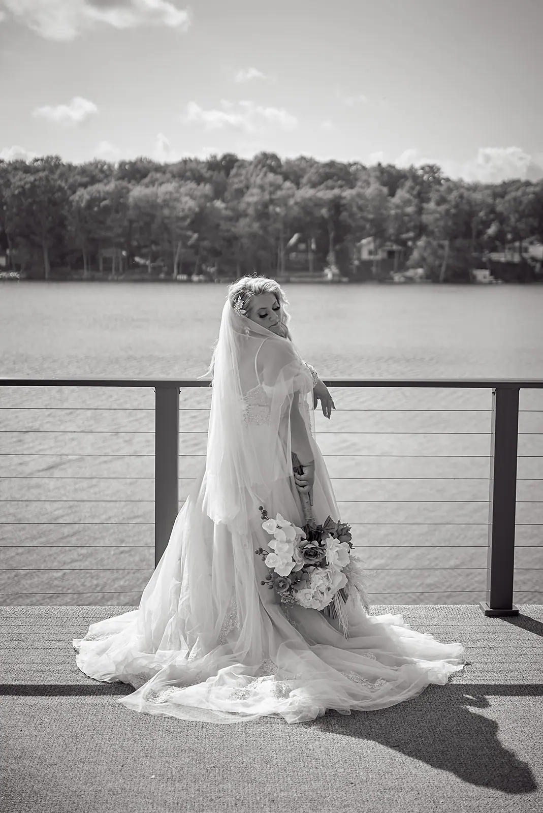 Black white bride long veil train — Erika & Corey's wedding at Sojourn Lakeside Resort, Gaylord, MI