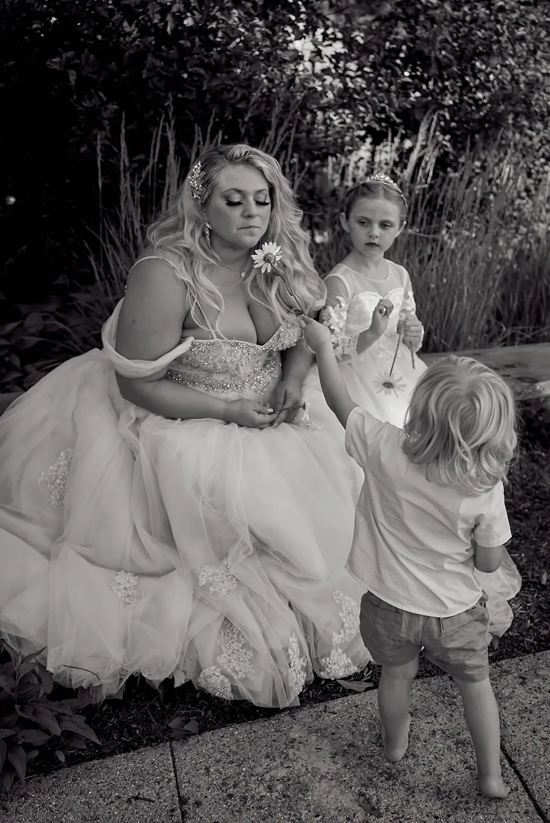 Black white bride young child flowers — Erika & Corey's wedding at Sojourn Lakeside Resort, Gaylord, MI