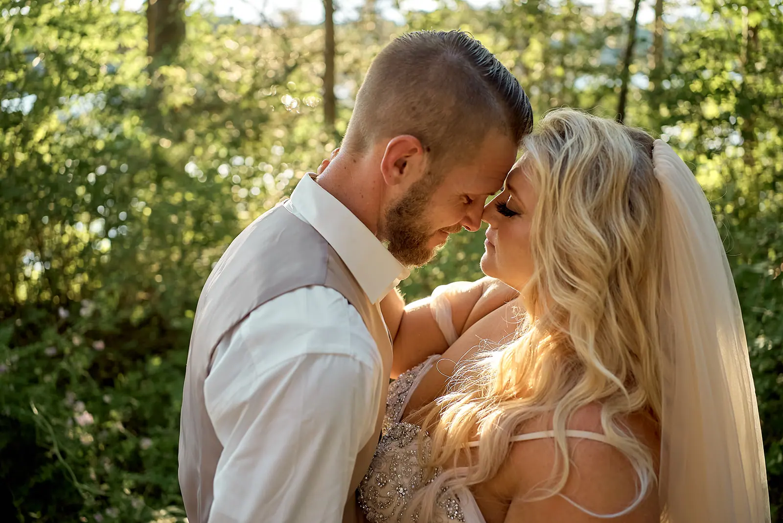 Couple nose nose beneath veil soft — Erika & Corey's wedding at Sojourn Lakeside Resort, Gaylord, MI