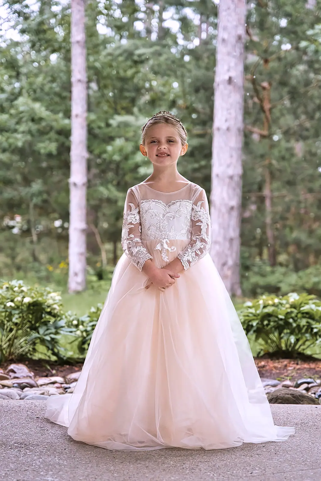 Flower girl ivory dress long sleeves — Erika & Corey's wedding at Sojourn Lakeside Resort, Gaylord, MI