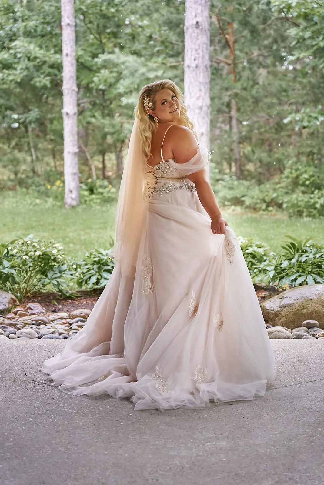 Full length bride gown veil draped — Erika & Corey's wedding at Sojourn Lakeside Resort, Gaylord, MI