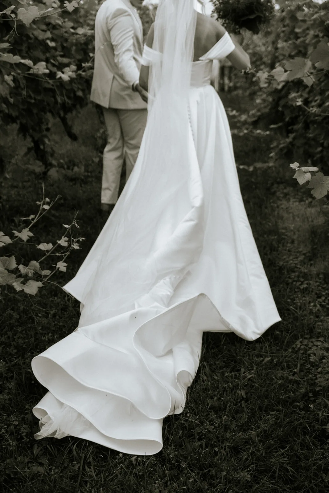 detail of groom hand holding dog leash, bride dress visible