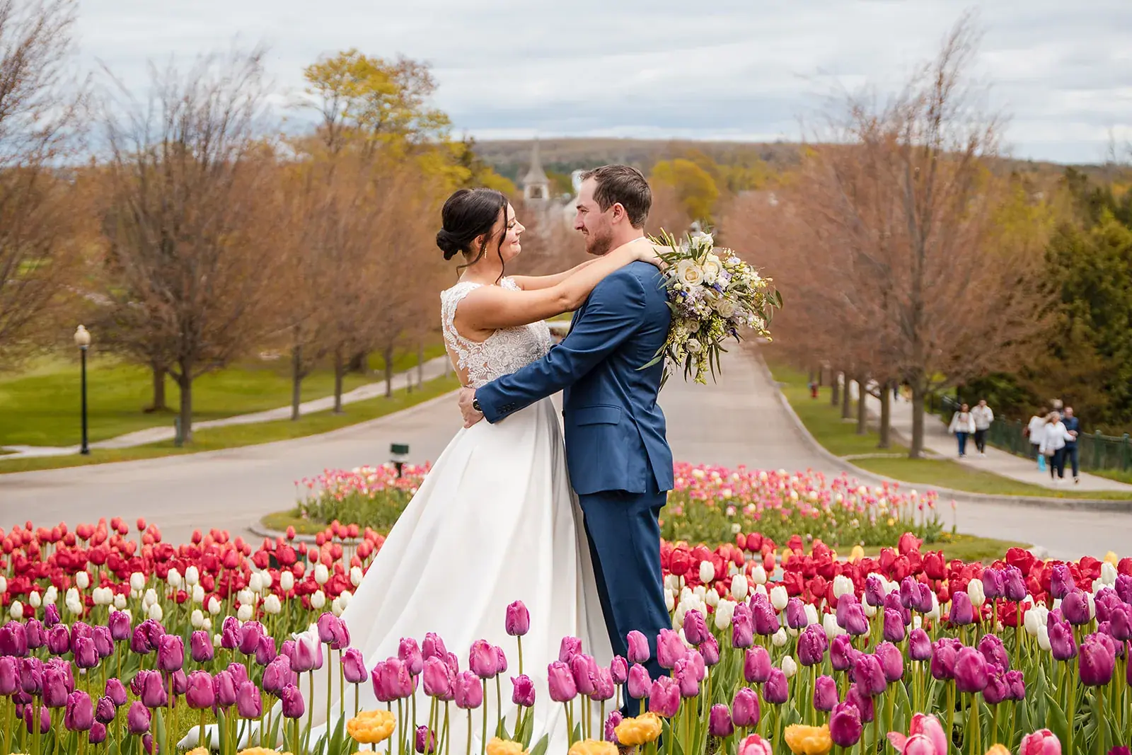 Bride and groom tulip gardens — Jennifer & Parker's wedding at the Grand Hotel, Mackinac Island