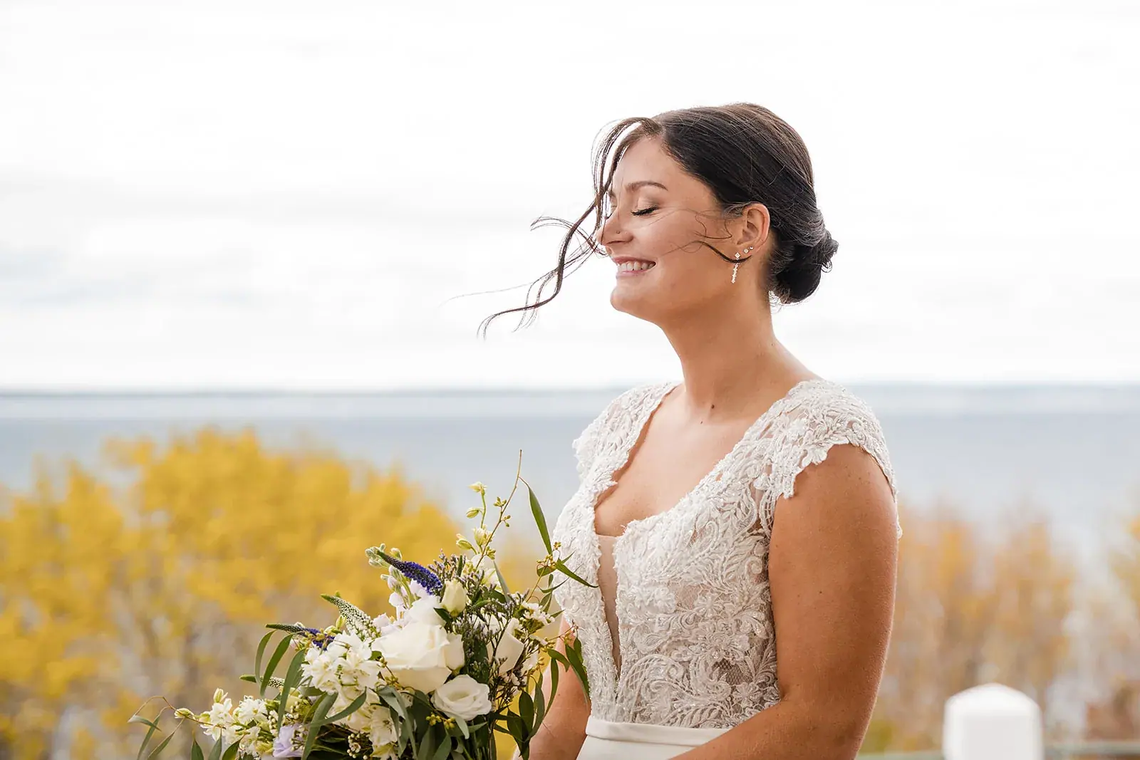 Bride portrait lake view — Jennifer & Parker's wedding at the Grand Hotel, Mackinac Island