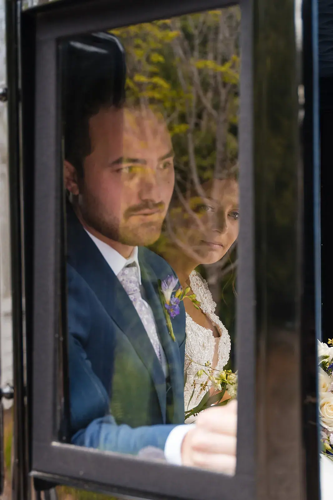 Carriage window reflection — Jennifer & Parker's wedding at the Grand Hotel, Mackinac Island