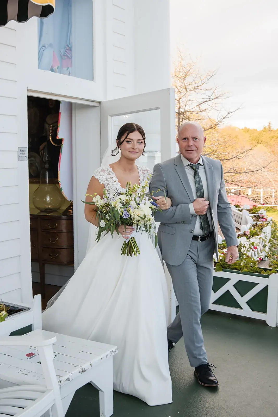 Father walking bride porch — Jennifer & Parker's wedding at the Grand Hotel, Mackinac Island