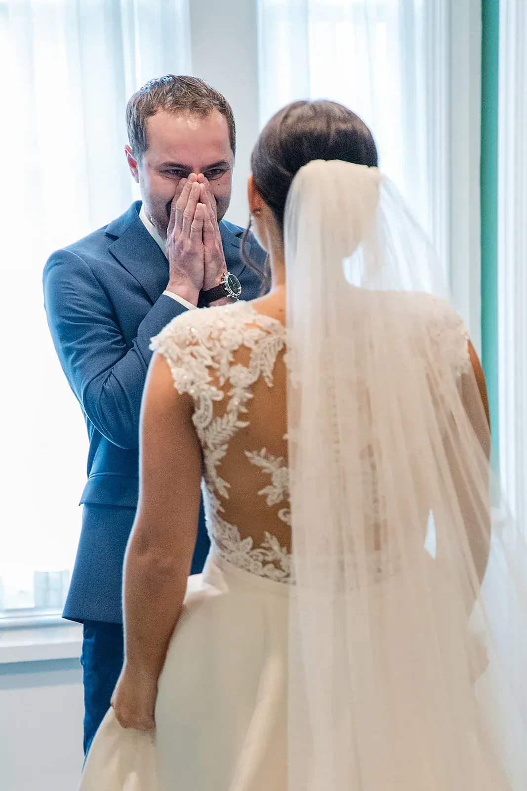 First look groom reaction — Jennifer & Parker's wedding at the Grand Hotel, Mackinac Island