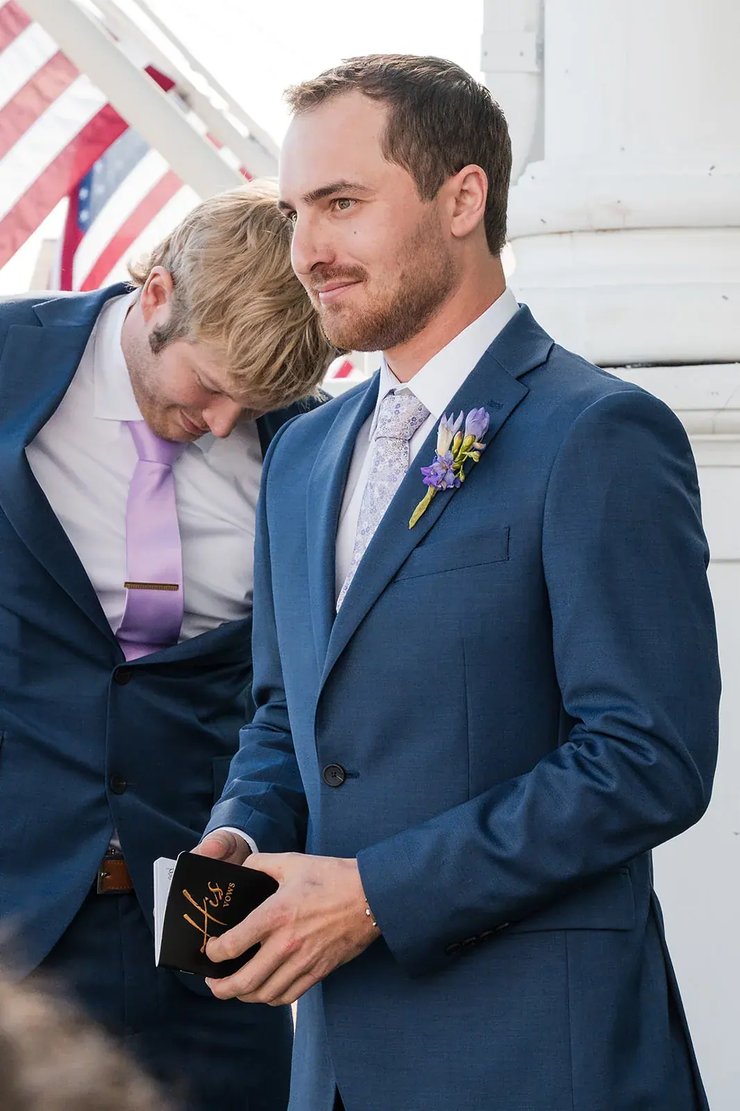 Groom best man candid — Jennifer & Parker's wedding at the Grand Hotel, Mackinac Island