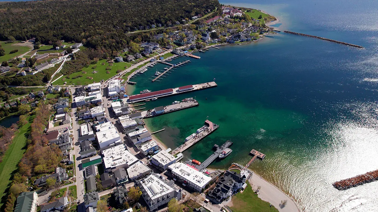 Mackinac island harbor aerial — Jennifer & Parker's wedding at the Grand Hotel, Mackinac Island