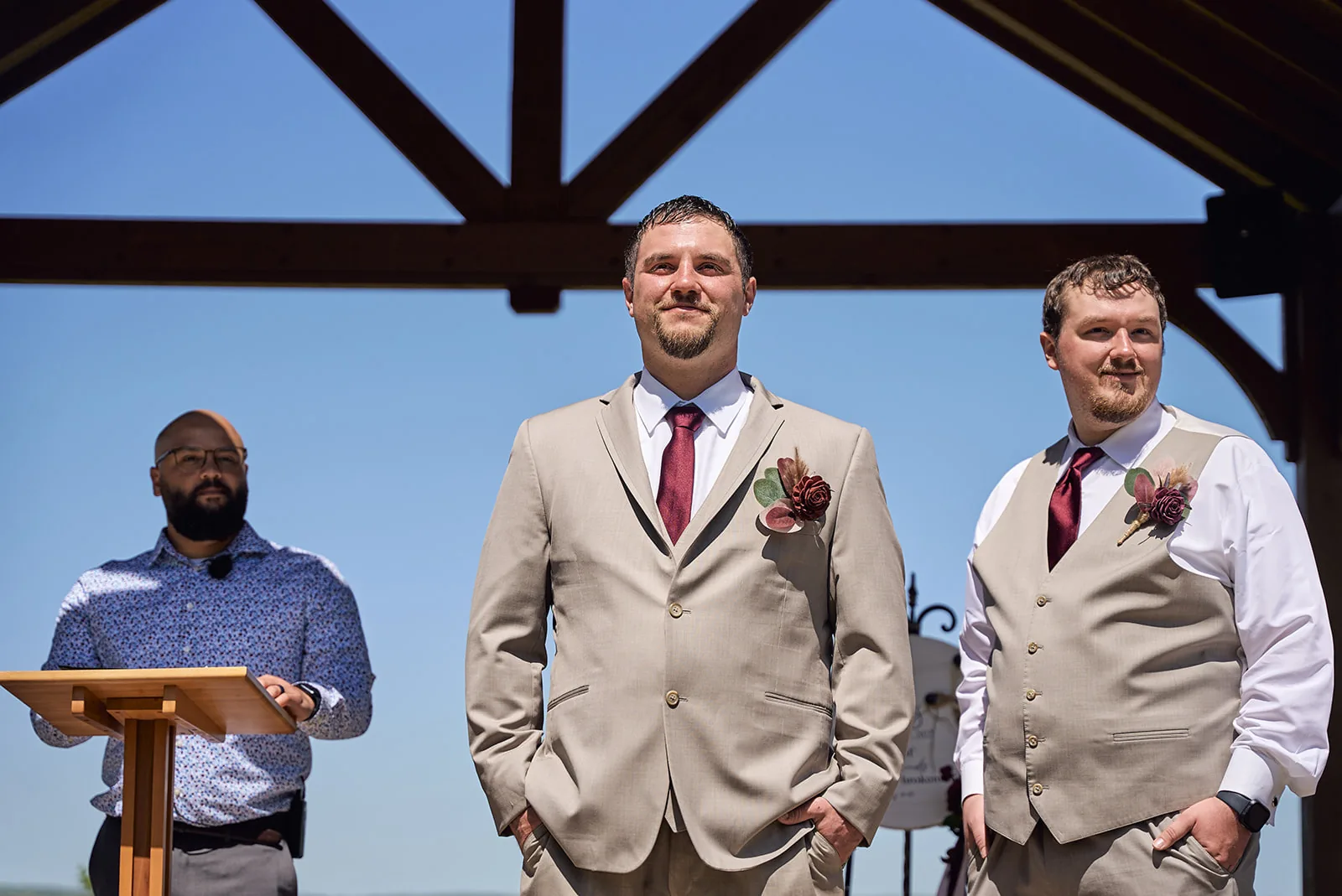 bridesmaids group portrait in mismatched mauve dresses, outdoors
