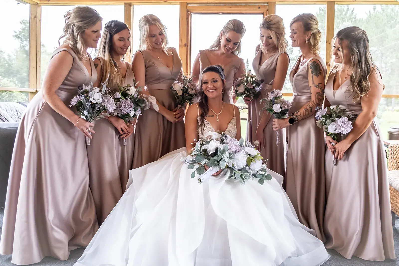 Bride bridesmaids porch — Jessica & Joel's wedding at The Rut Hutt, Gaylord