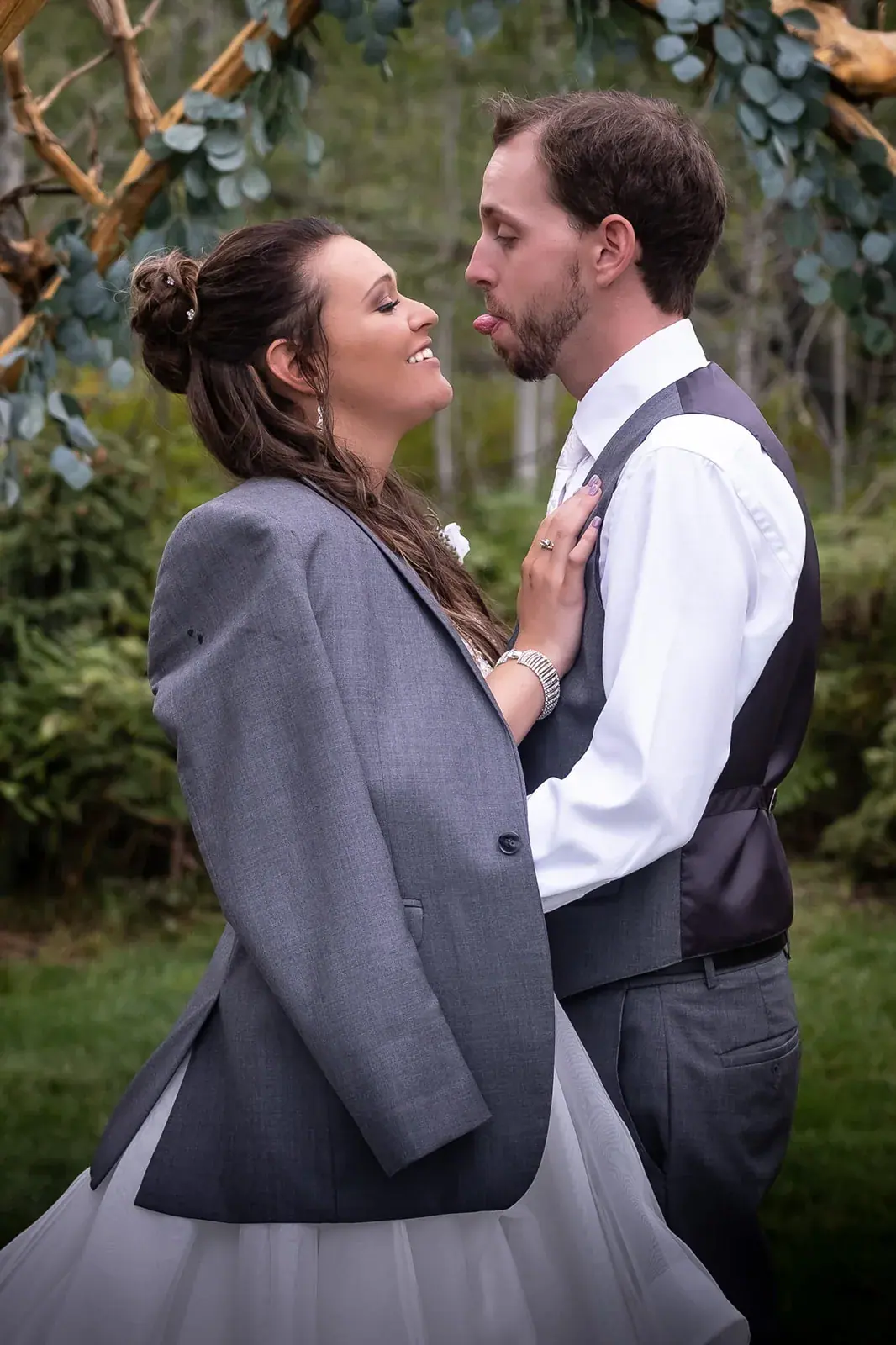 Bride and groom close portrait — Jessica & Joel's wedding at The Rut Hutt, Gaylord