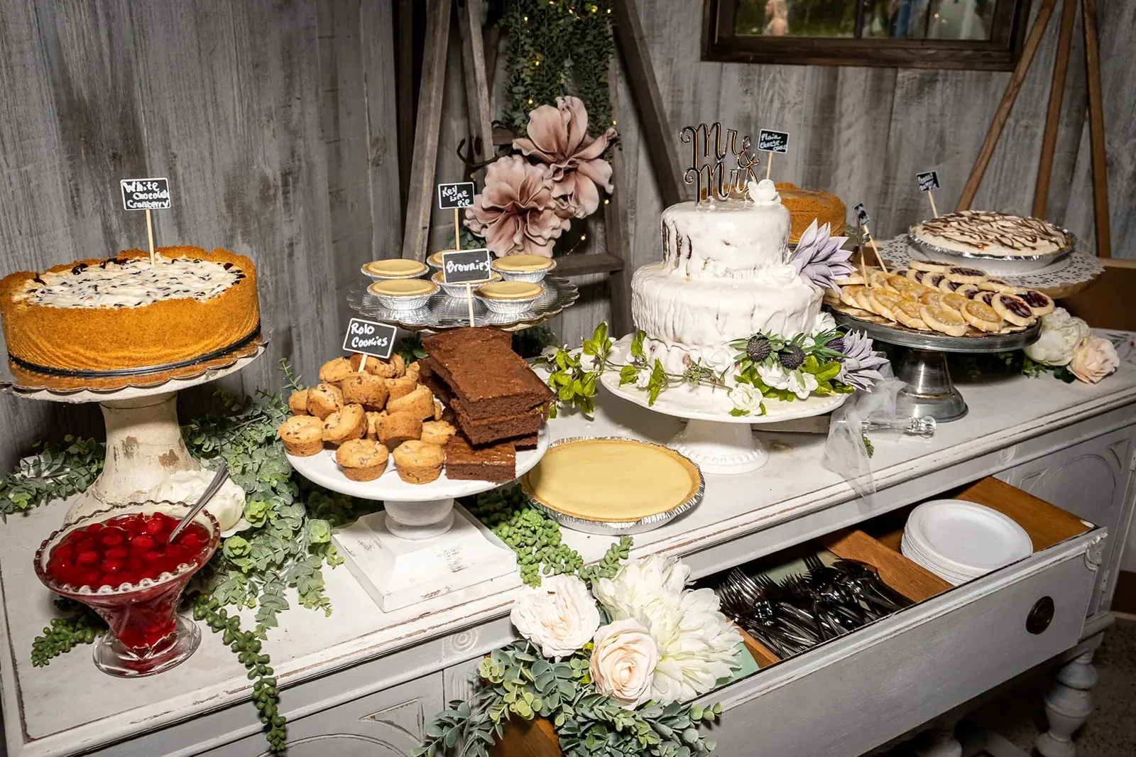 Dessert table pies cakes — Jessica & Joel's wedding at The Rut Hutt, Gaylord