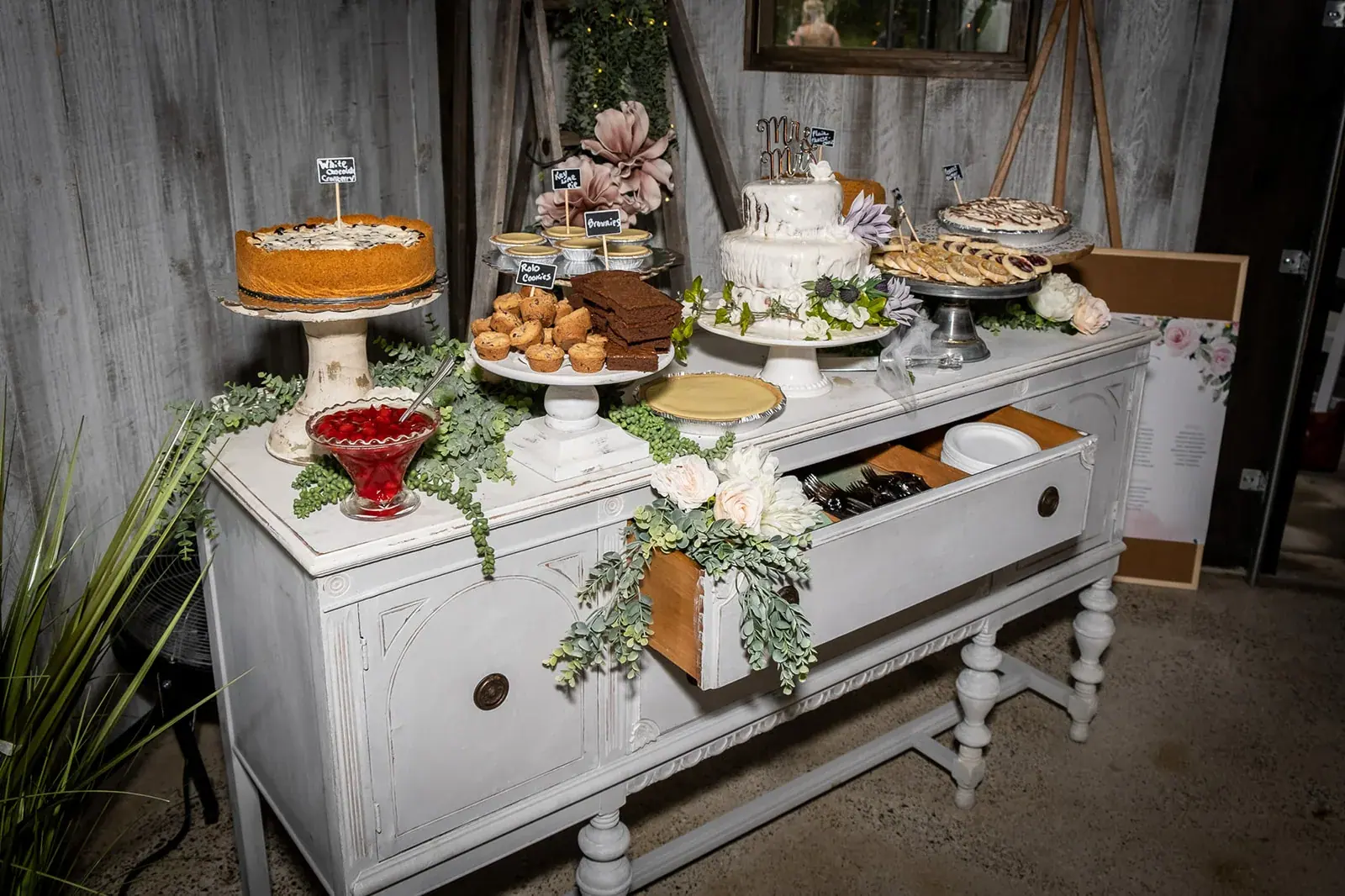 Dessert table wide — Jessica & Joel's wedding at The Rut Hutt, Gaylord