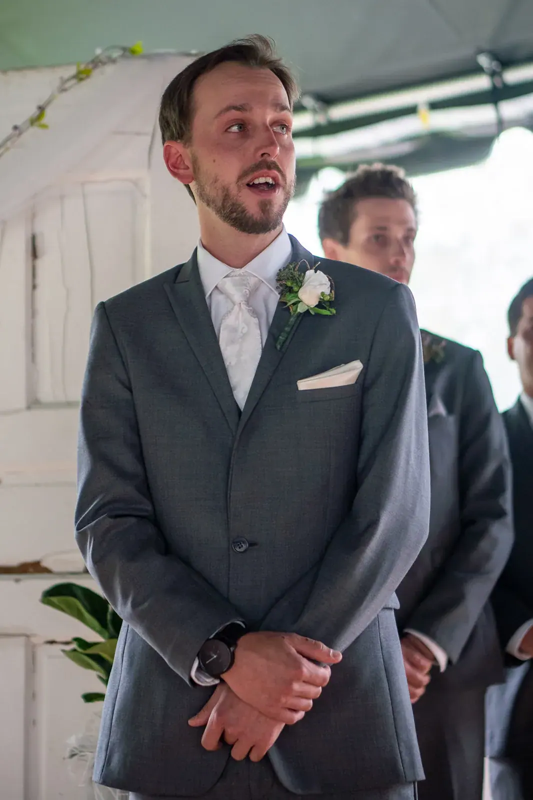 Groom watching bride arrive — Jessica & Joel's wedding at The Rut Hutt, Gaylord