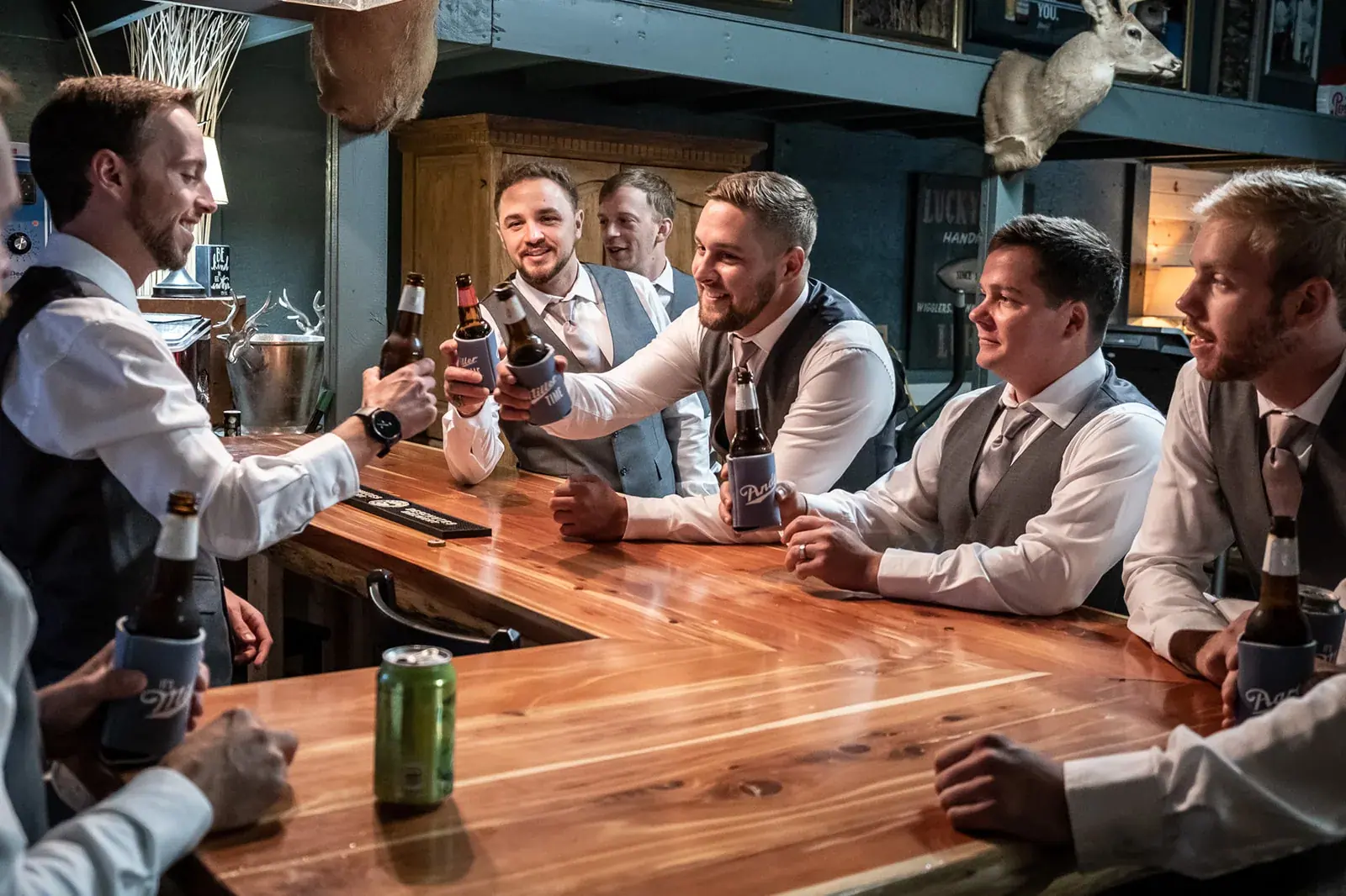 Groomsmen toasting bar — Jessica & Joel's wedding at The Rut Hutt, Gaylord