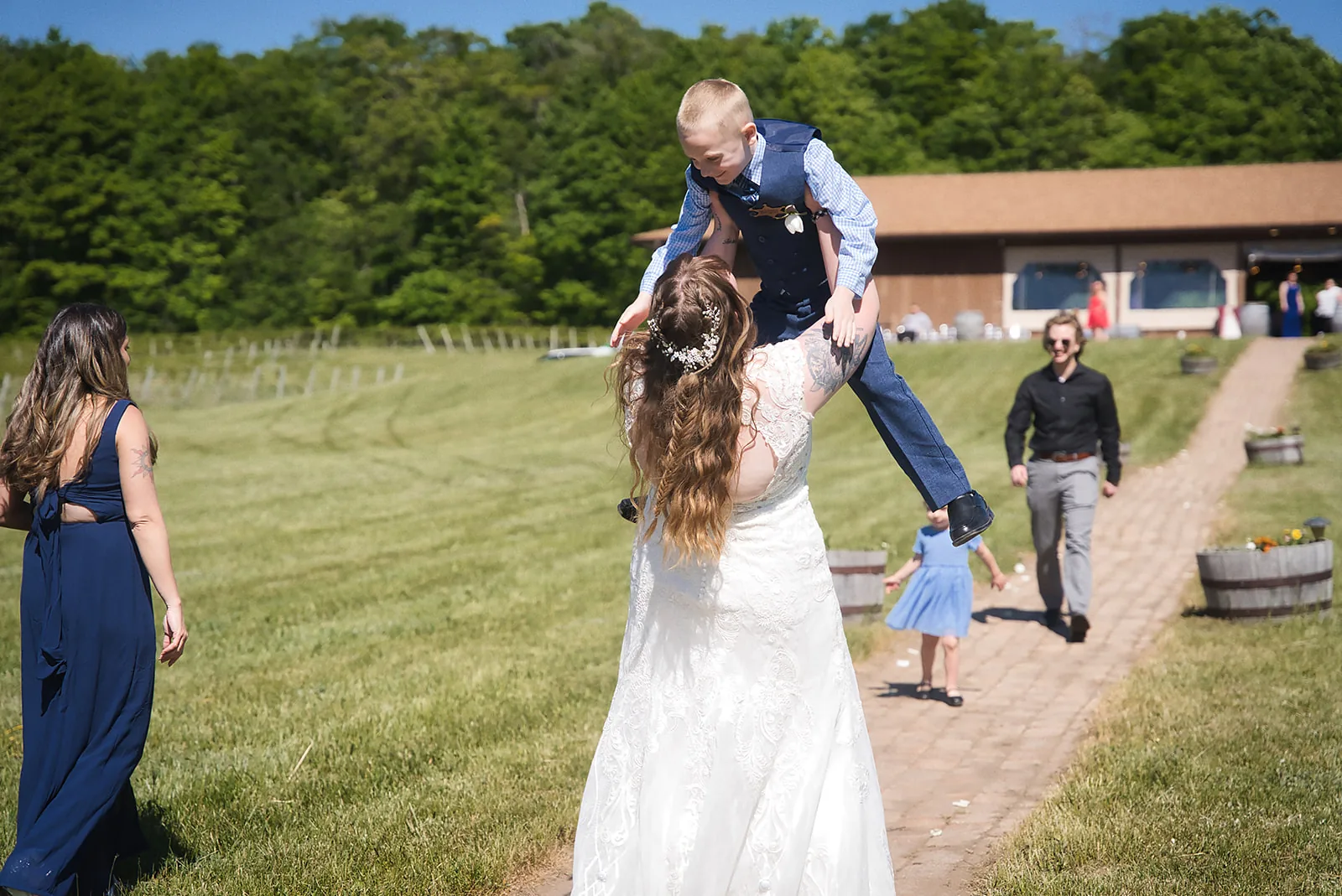 bride and groom with vintage green truck, candid toast