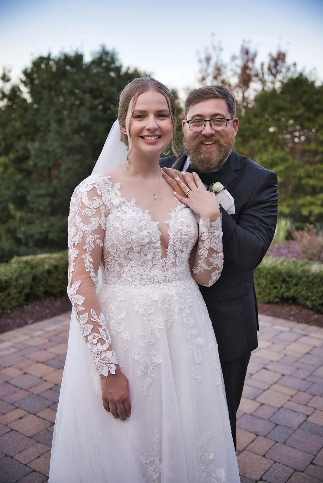 bride and groom portrait, stone pavers, color