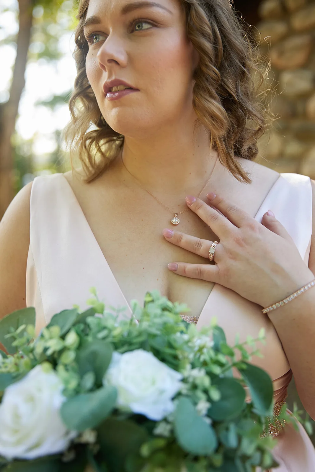 bride solo portrait, hand on chest, emotional close-up