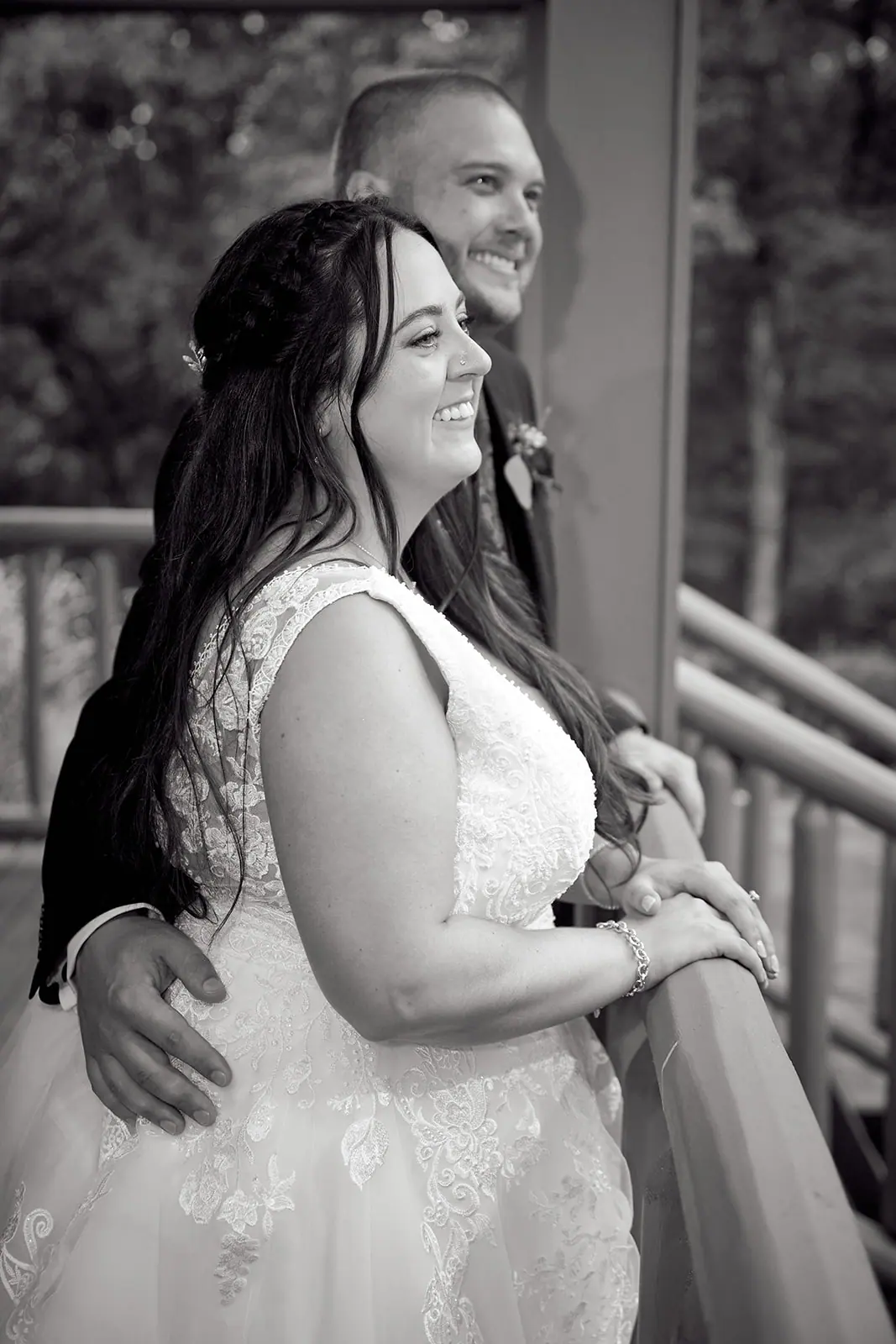Black white bride laughing groom s — Taylor & Mark's wedding at The Manor at Fire Tower Hill, Lewiston, MI
