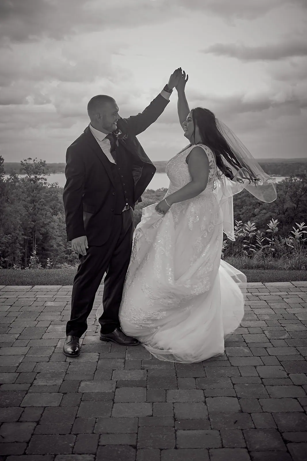 Black white couple dancing patio bride — Taylor & Mark's wedding at The Manor at Fire Tower Hill, Lewiston, MI