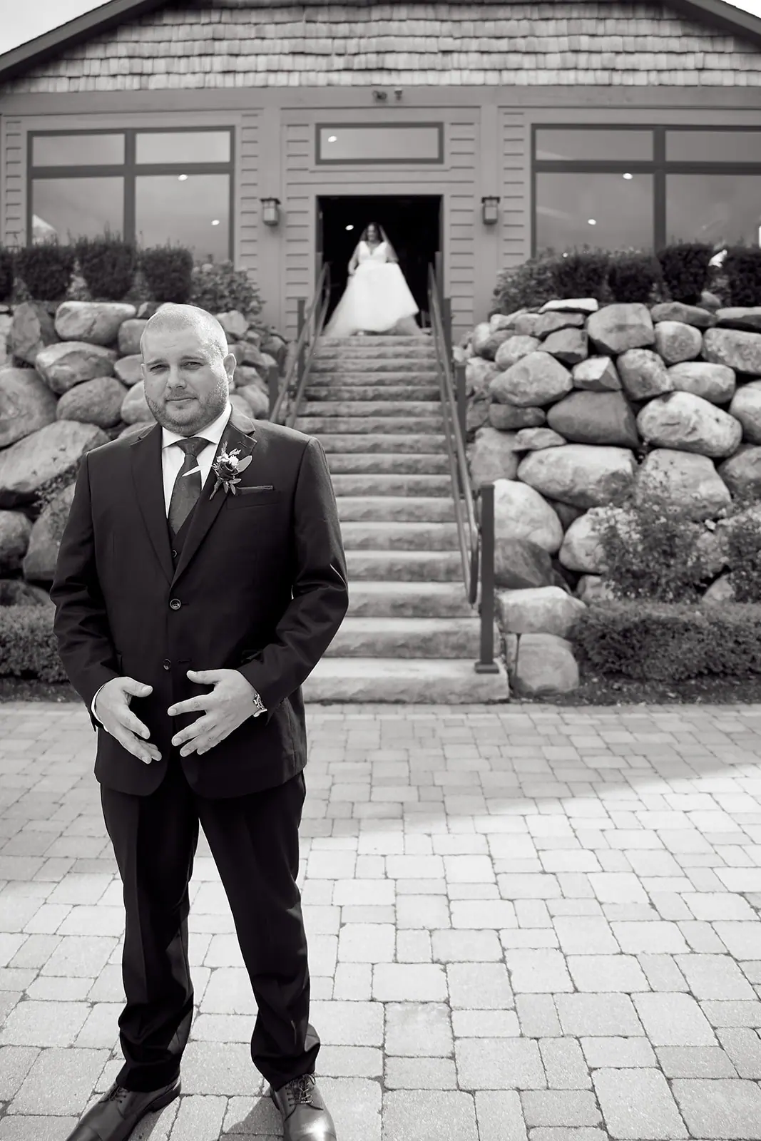Black white groom black suit bride — Taylor & Mark's wedding at The Manor at Fire Tower Hill, Lewiston, MI