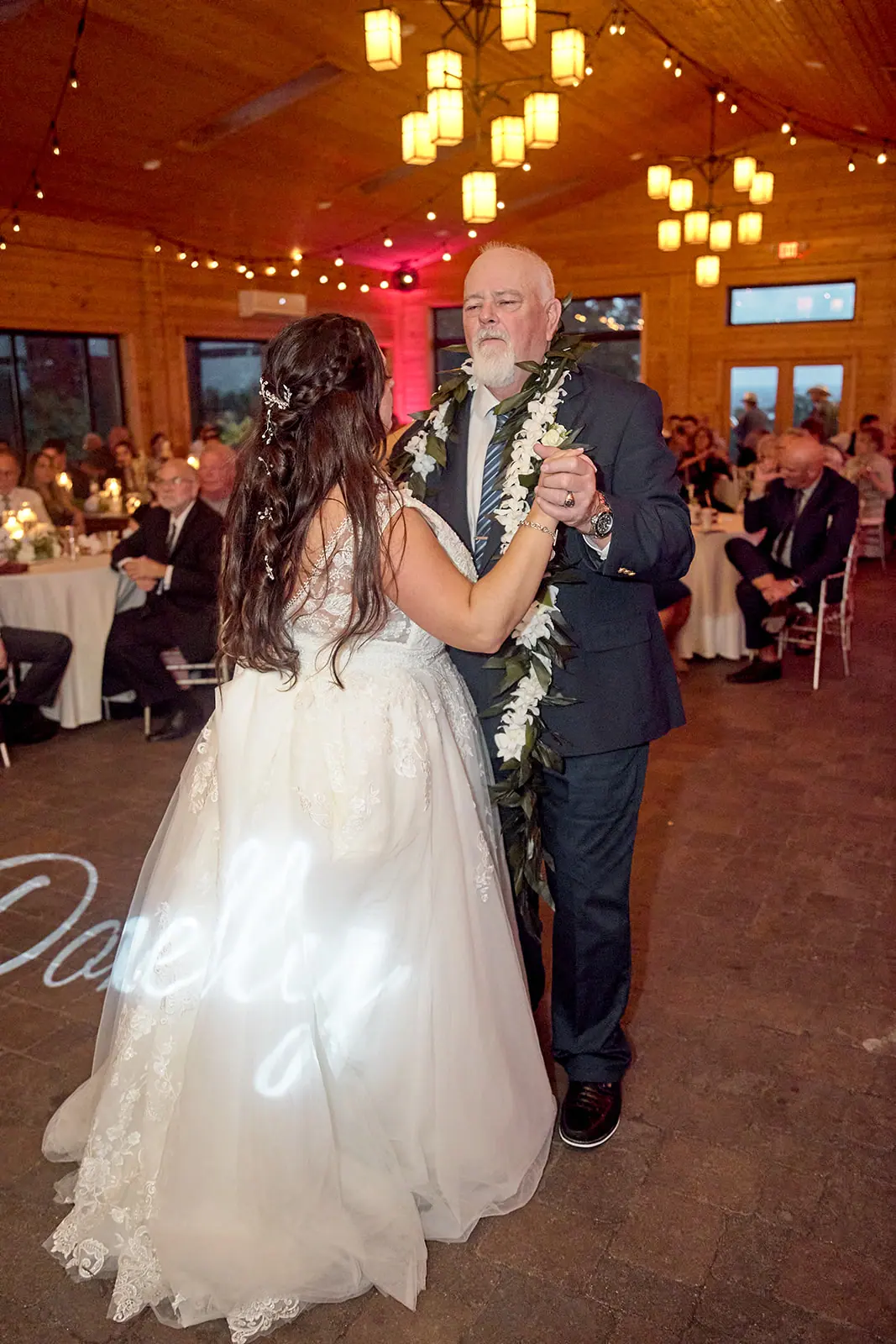 Bride dancing father lights name gown — Taylor & Mark's wedding at The Manor at Fire Tower Hill, Lewiston, MI