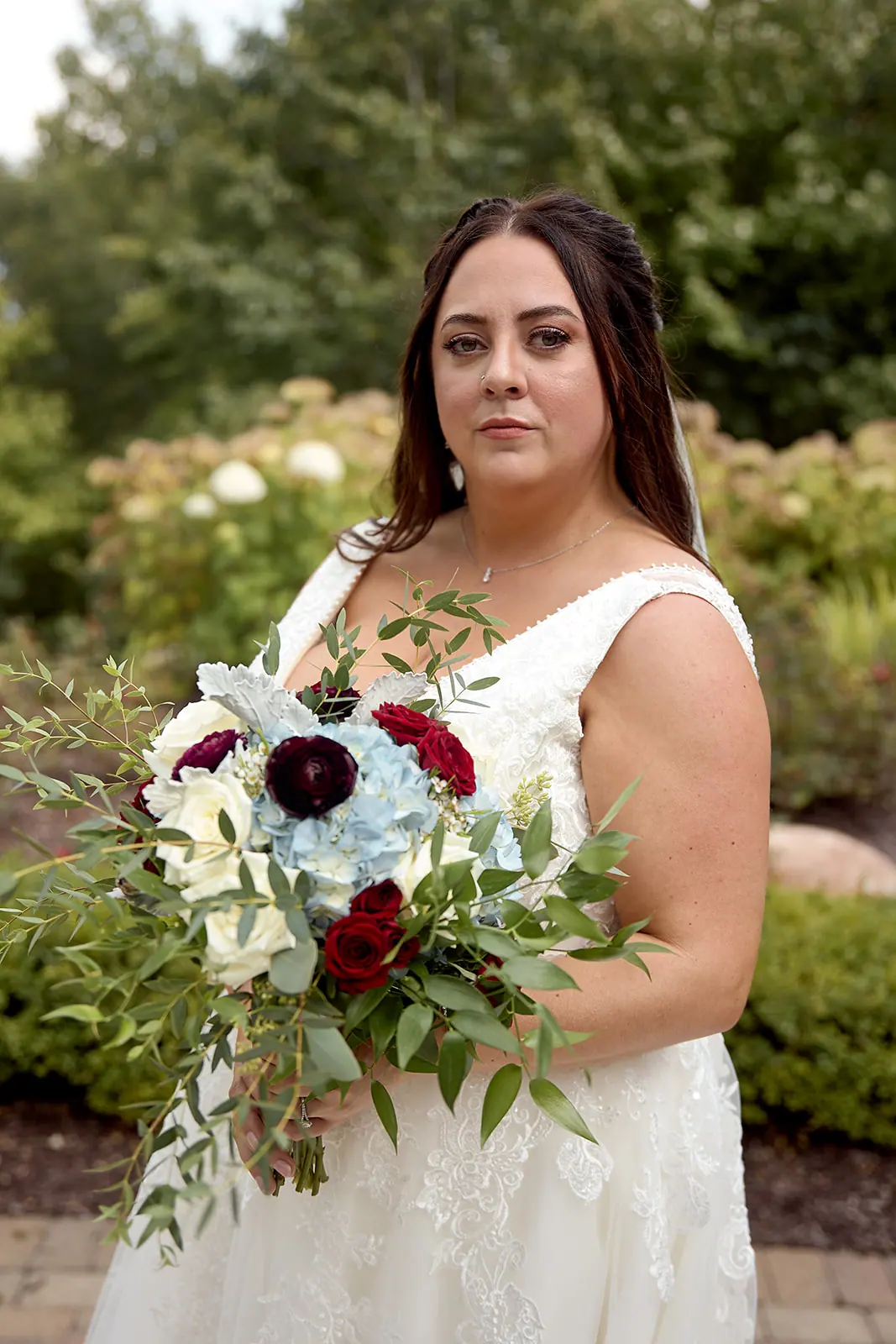 Bride holding bouquet white burgundy flowers — Taylor & Mark's wedding at The Manor at Fire Tower Hill, Lewiston, MI