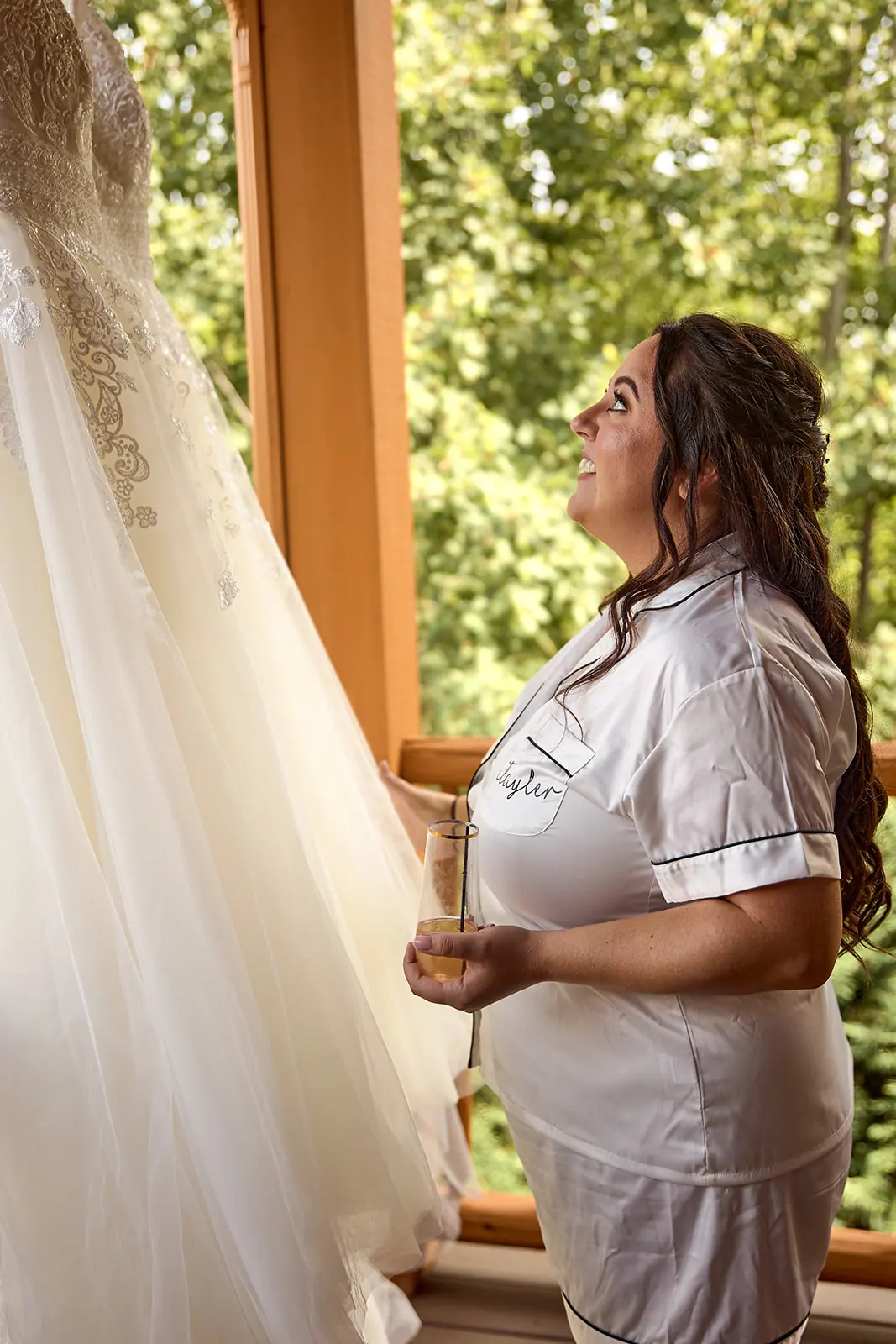 Bride robe looking window gown — Taylor & Mark's wedding at The Manor at Fire Tower Hill, Lewiston, MI