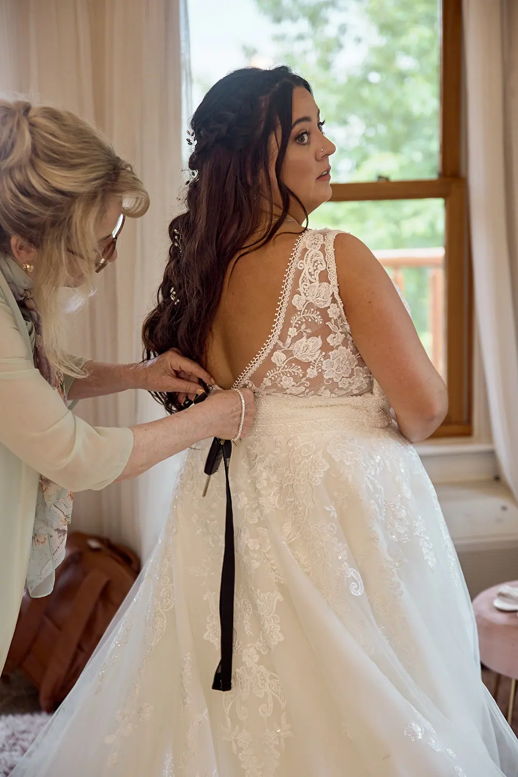 Bride s gown laced bridesmaid seen — Taylor & Mark's wedding at The Manor at Fire Tower Hill, Lewiston, MI