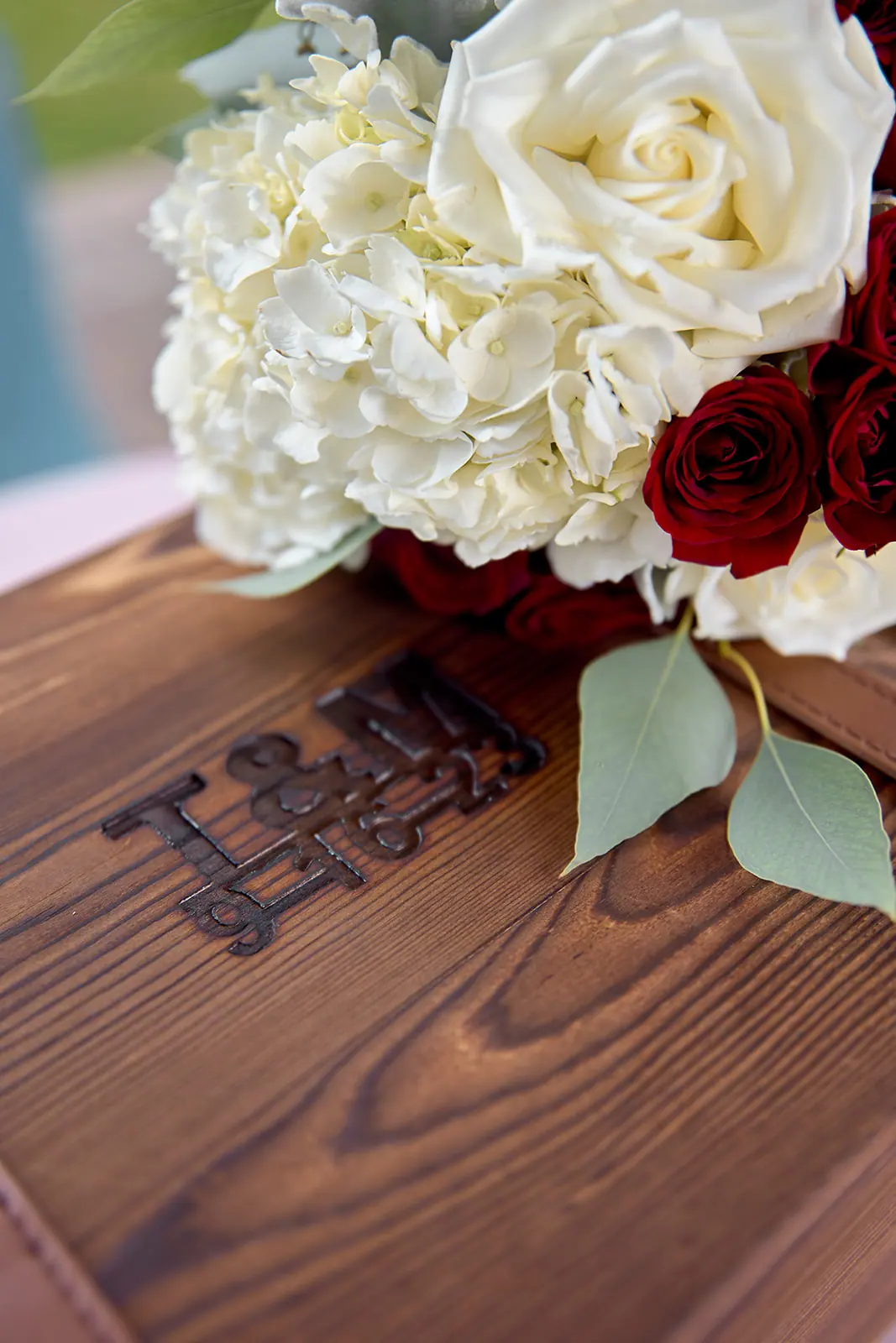Close wood t m monogram white — Taylor & Mark's wedding at The Manor at Fire Tower Hill, Lewiston, MI