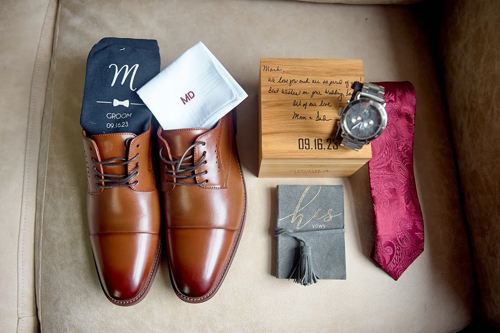 Groom s shoes watch tie handkerchief — Taylor & Mark's wedding at The Manor at Fire Tower Hill, Lewiston, MI