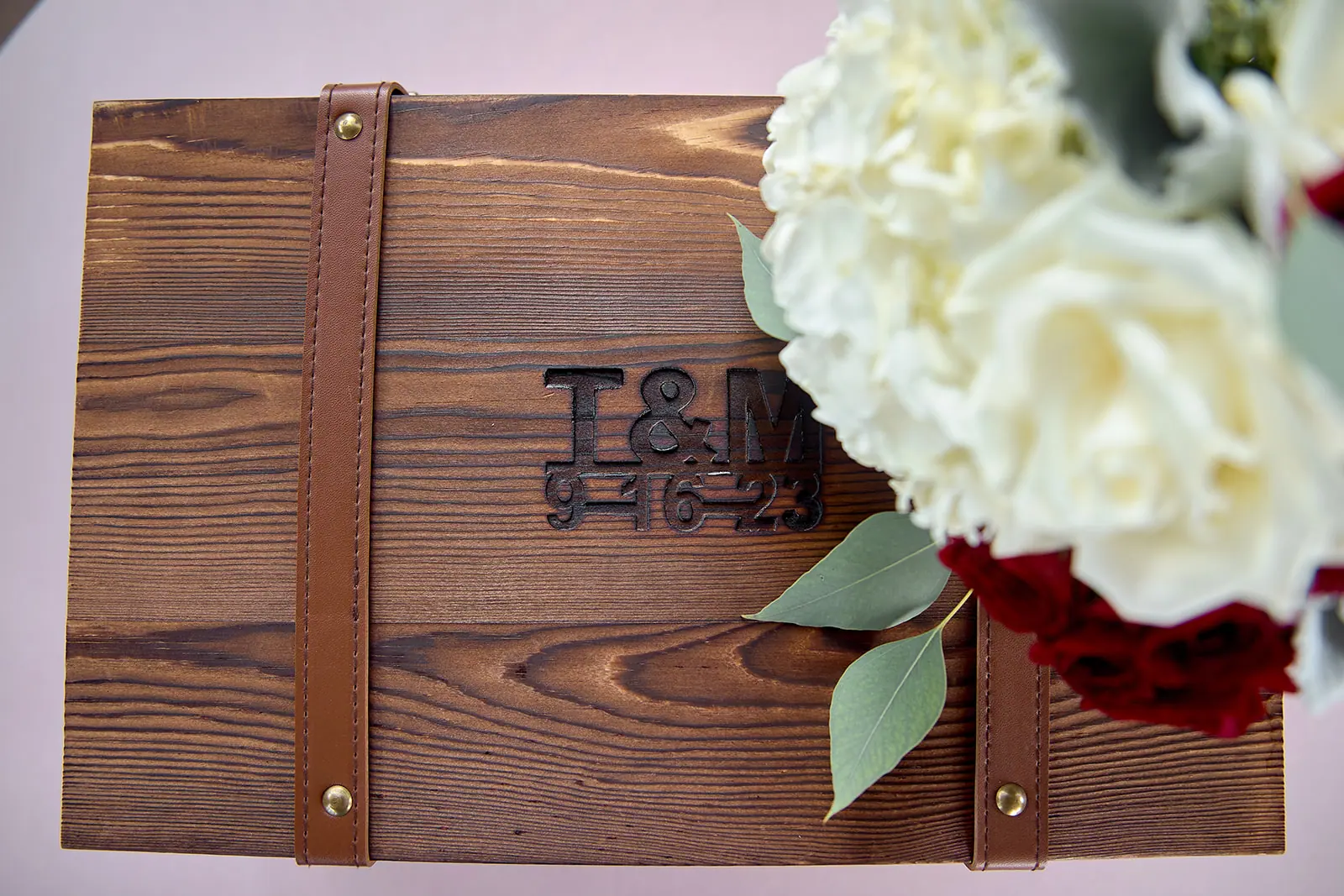 Wood guest book t m monogram — Taylor & Mark's wedding at The Manor at Fire Tower Hill, Lewiston, MI